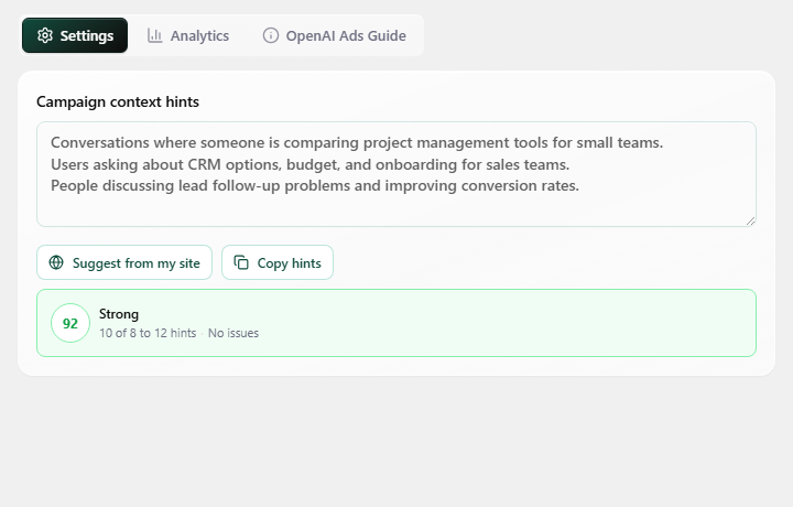 Context hints editor with generated hints and a strong quality score highlighted.