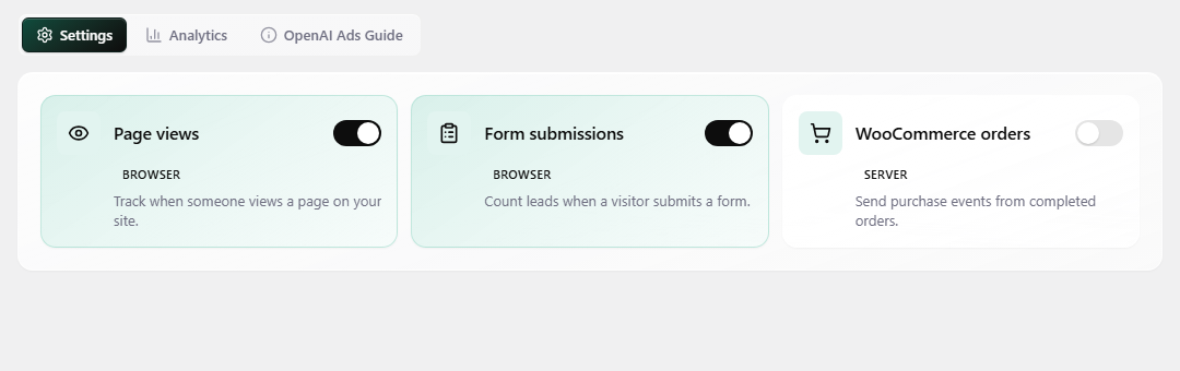 Conversion event cards for page views, form submissions, and WooCommerce orders.