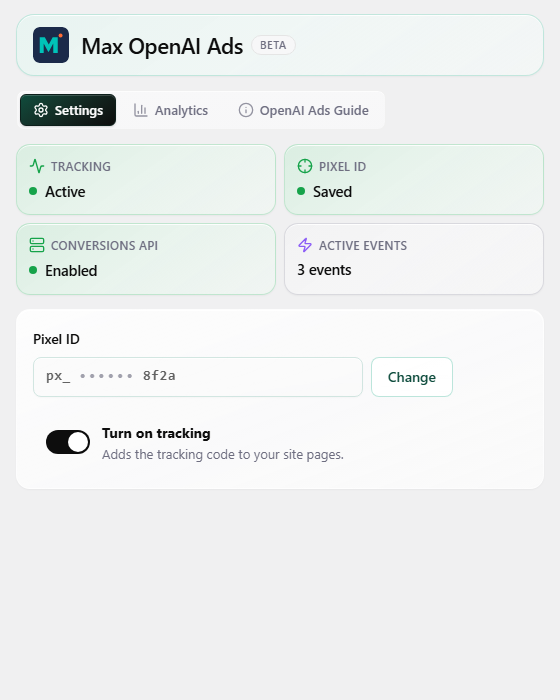 Pixel setup panel with Pixel ID field and tracking toggle highlighted.
